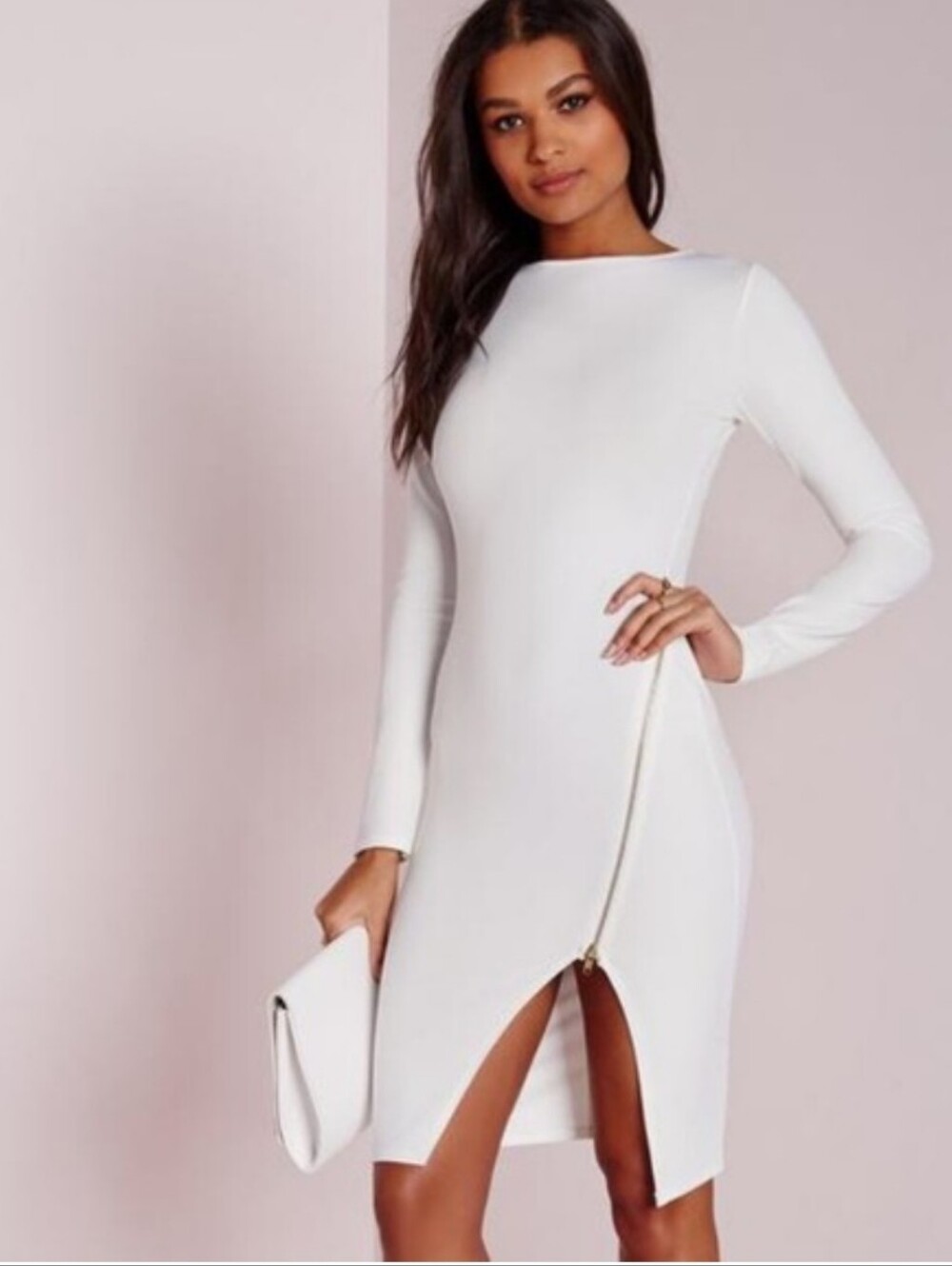 Missguided White Crepe Asymmetric Side Zip Midi Dress Sz 4
